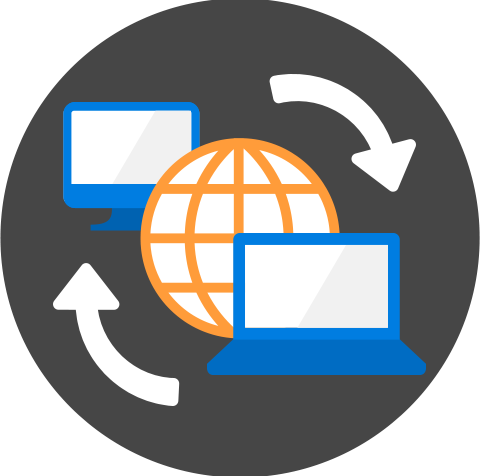A 2D Graphic of a blue laptop and a blue desktop. There are arrows circling between them. An orange globe icon is positioned in the middle. This icon represents a remote connection between one computer to another.